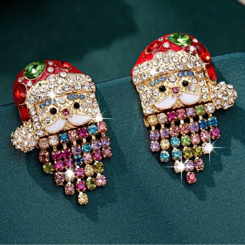 Festive Santa Claus Rhinestone Earrings. - Picture 2 of 6